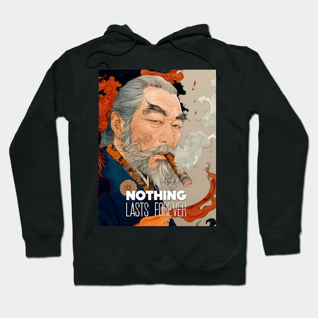 Puff Sumo: Nothing Lasts Forever, "世間は移り変わり" (Seken wa Utsurikawari) on a Dark Background Hoodie by Puff Sumo